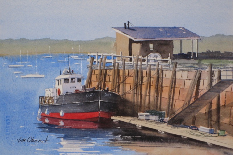 landscape seascape harbor wharf dock working boat rockland maine original watercolor painting
